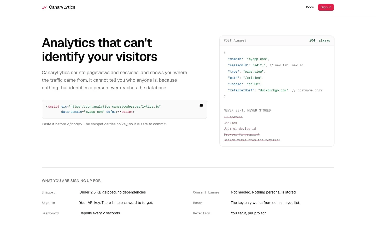 Captura de CanaryLytics: Analítica web sin cookies