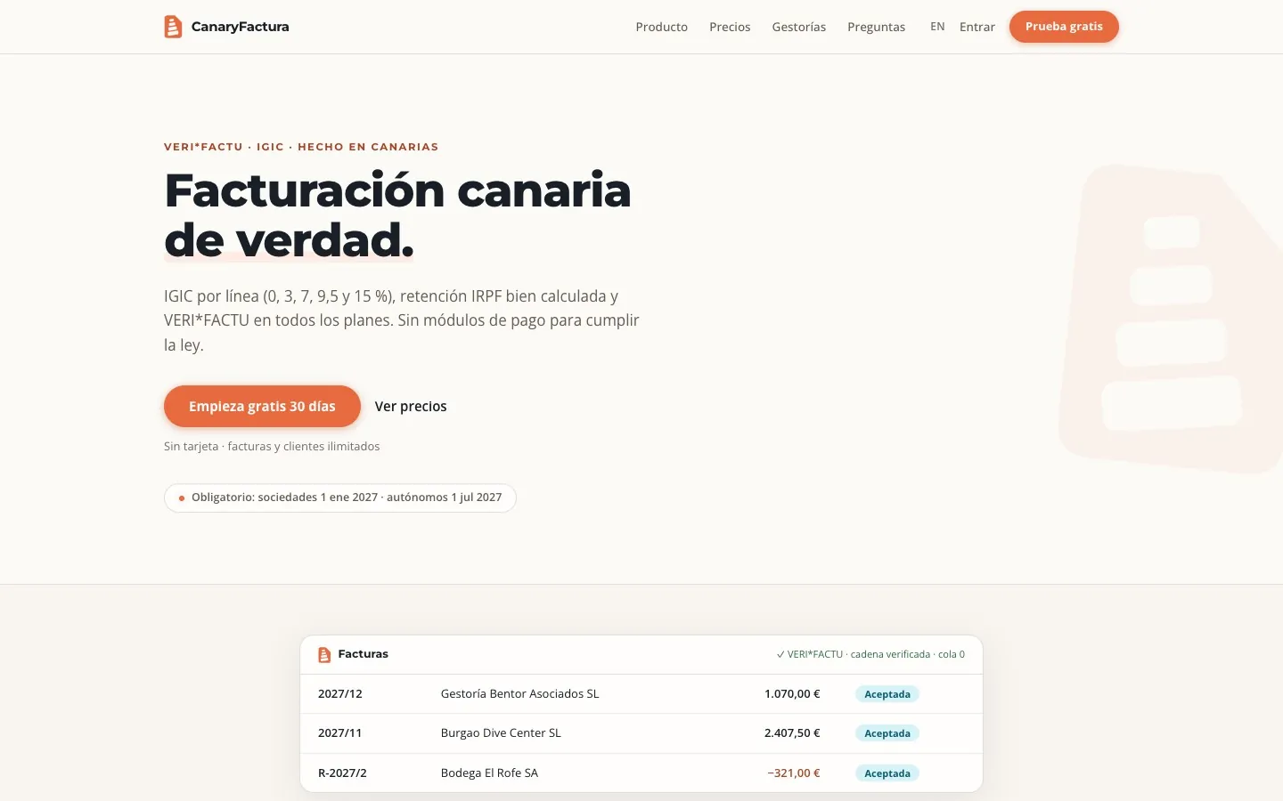 Captura de CanaryFactura: Facturación con VERI*FACTU e IGIC